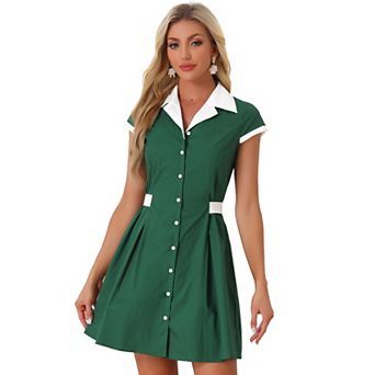 Women's Work Contrast Collar Button Front Belted A-Line Shirt Dress