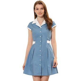 Women's Work Contrast Collar Button Front Belted A-line Shirt Dress