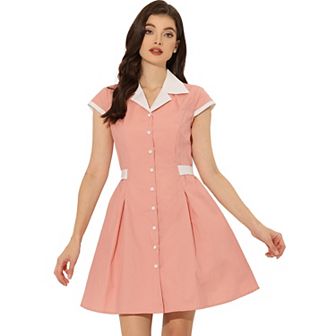 Women's Work Contrast Collar Button Front Belted A-Line Shirt Dress