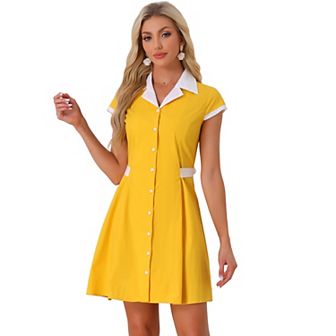 Women's Work Contrast Collar Button Front Belted A-Line Shirt Dress