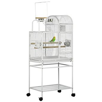 PawHut 64" Large Parrot Cage with Toy Hooks Above Top Bird Perch, Tray, Food Cups, Rolling Stand, Bird Cage for Cockatiels, Parakeets, Lovebirds
