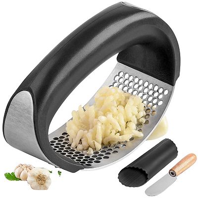 Zulay Kitchen Stainless Steel Garlic Press Rocker with Peeler and Scraper