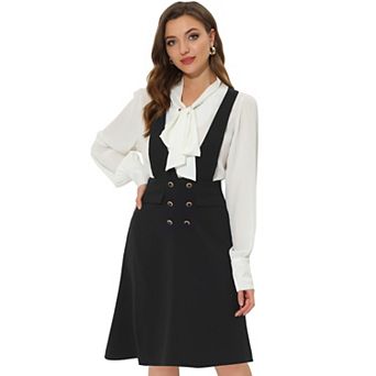 Women's Overall Dress V Neck Double Breasted Pinafore Suspenders Skirt