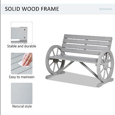 Wagon Wheel Bench, Wooden Outdoor Garden Accent Chair Loveseat, Grey