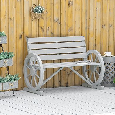 Wagon Wheel Bench, Wooden Outdoor Garden Accent Chair Loveseat, Grey