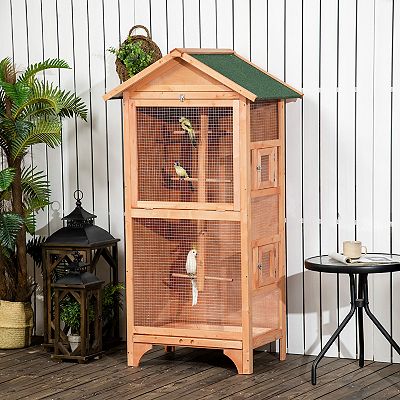 PawHut 60 Wooden Outdoor Bird Cage for Finches Parakeet Large Bird Cage with Removable Bottom Tray 4 Perch Orange