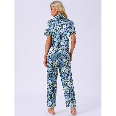 Women's Silk Floral Satin Short Sleeves Top and Pants Pajama Set