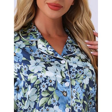 Women's Silk Floral Satin Short Sleeves Top And Pants Pajama Set