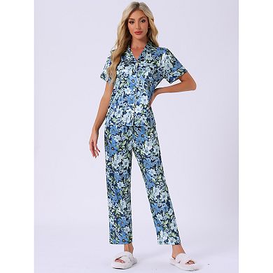 Women's Silk Floral Satin Short Sleeves Top and Pants Pajama Set
