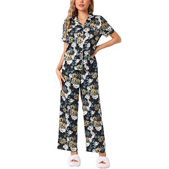 Women's Silk Floral Satin Short Sleeves Top and Pants Pajama Set