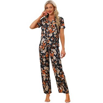 Women's Silk Floral Satin Short Sleeves Top and Pants Pajama Set