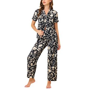 Women's Silk Floral Satin Short Sleeves Top and Pants Pajama Set