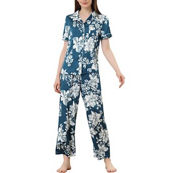 Women's Silk Floral Satin Short Sleeves Top and Pants Pajama Set