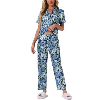 Women's Silk Floral Satin Short Sleeves Top and Pants Pajama Set