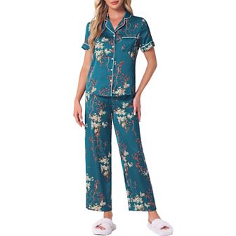 Women's Silk Floral Satin Short Sleeves Top and Pants Pajama Set