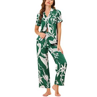 Women's Silk Floral Satin Short Sleeves Top and Pants Pajama Set