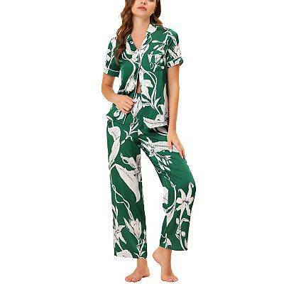 Women's Silk Floral Satin Short Sleeves Top and Pants Pajama Set
