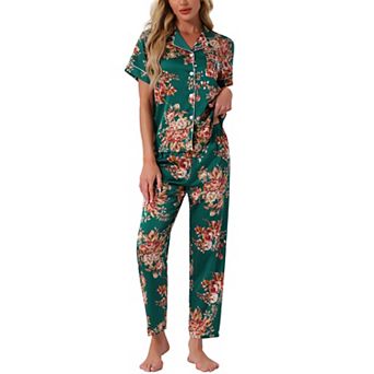 Women's Silk Floral Satin Short Sleeves Top and Pants Pajama Set