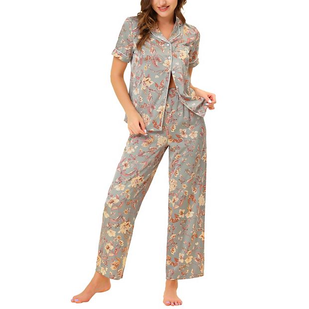 Women s Silk Floral Satin Short Sleeves Top and Pants Pajama Set