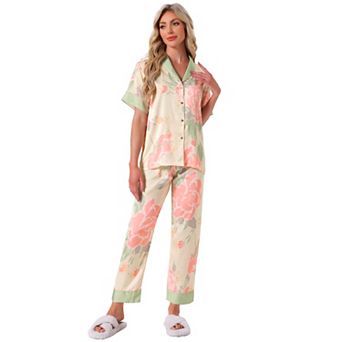 Women's Silk Floral Satin Short Sleeves Top and Pants Pajama Set