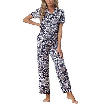 Women's Silk Floral Satin Short Sleeves Top and Pants Pajama Set