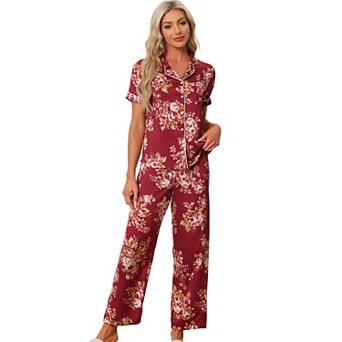 Women's Silk Floral Satin Short Sleeves Top and Pants Pajama Set