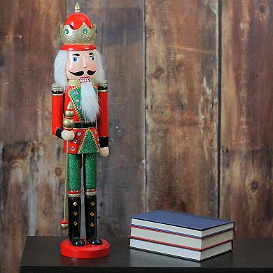 24" Red and Green Wooden Christmas Nutcracker King with Scepter
