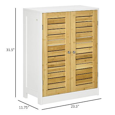 Bathroom Floor Cabinet With Bamboo Doors, Adjustable Shelves White And Natural
