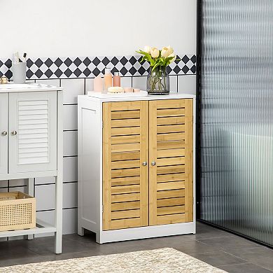 Bathroom Floor Cabinet With Bamboo Doors, Adjustable Shelves White And Natural