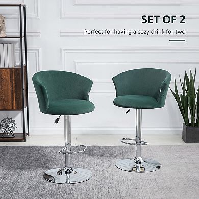 HOMCOM Adjustable Bar Stools Set of 2, Velvet Kitchen Stool, Upholstered Counter Height Barstool with Swivel Seat, Wing Back, Footrest for Dining Room, ‎Dark Green