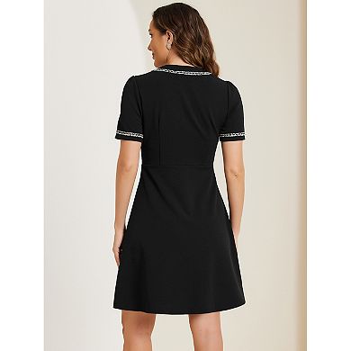 Women's V Neck Half Placket Short Sleeve Textured A-Line Dress