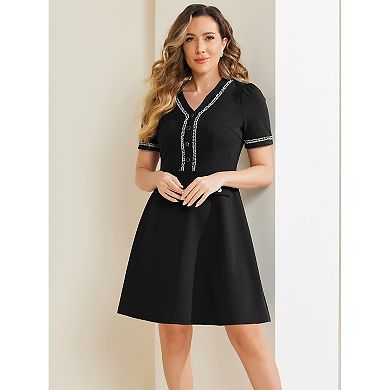 Women's V Neck Half Placket Short Sleeve Textured A-Line Dress