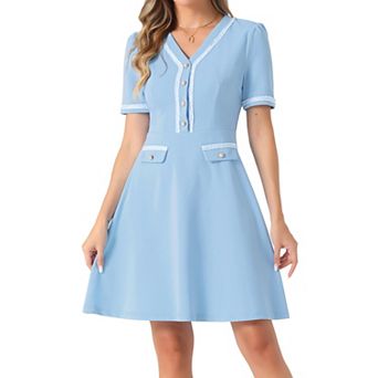 Women's V Neck Half Placket Short Sleeve Textured A-Line Dress