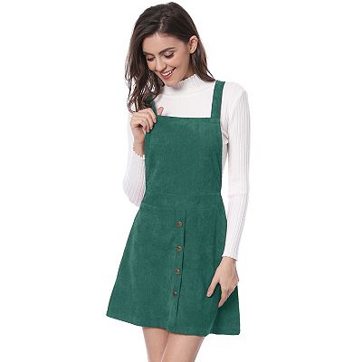 Corduroy Button Front A Line Bib Overall Pinafore Dress Green XL