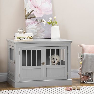 PawHut Cat Litter Box Enclosure with Magnetic Doors, Cat Washroom Nightstand with Large Top, Hidden Litter Box Side Table with Latches, for Indoor Use, Dark Grey
