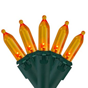 Set of 50 Orange LED Mini Christmas Lights 4" Spacing - Green Wire