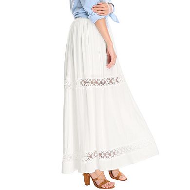 Women's Long Skirts Elastic Waist Lace Insert A-Line Maxi Skirt