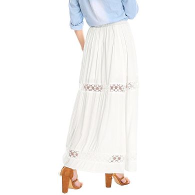 Women's Long Skirts Elastic Waist Lace Insert A-Line Maxi Skirt