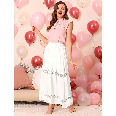 Women's Long Skirts Elastic Waist Lace Insert A-Line Maxi Skirt