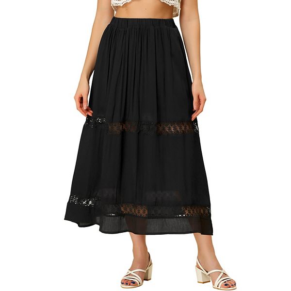 Women's Long Skirts Elastic Waist Lace Insert A-Line Maxi Skirt