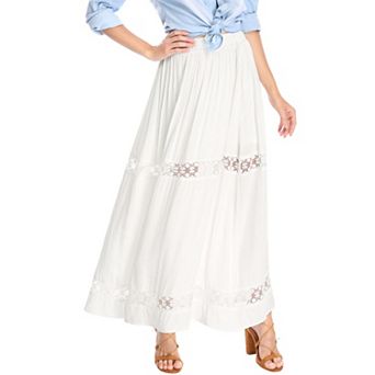 Women's Long Skirts Elastic Waist Lace Insert A-Line Maxi Skirt