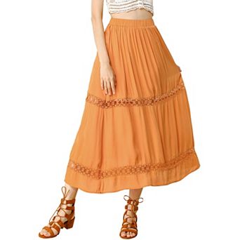 Women's Long Skirts Elastic Waist Lace Insert A-Line Maxi Skirt