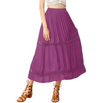 Women's Long Skirts Elastic Waist Lace Insert A-Line Maxi Skirt