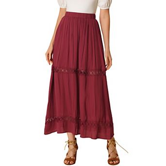 Women's Long Skirts Elastic Waist Lace Insert A-Line Maxi Skirt