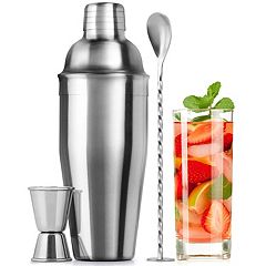HOST Cocktail Shaker Double-Walled Cup with Citrus Reamer, Stainless Steel  Cap, Strainer, 20 Oz 3-Piece Bar Set, Black