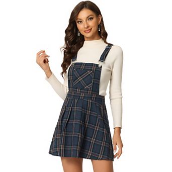 Women's Pinafore Overall Dress Checks Adjustable Strap Suspender Skirt