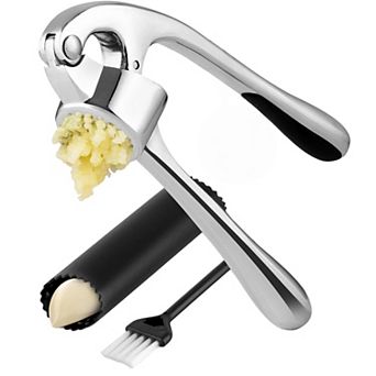 Zulay Kitchen Premium Garlic Press Set - Silicone Garlic Peeler & Brush