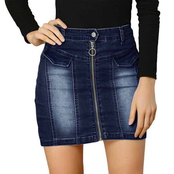 Women's Denim Skirts Zip Front Slim Fit High Waist Mini Jean Skirt