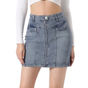 Women's Denim Skirts Zip Front Slim Fit High Waist Mini Jean Skirt