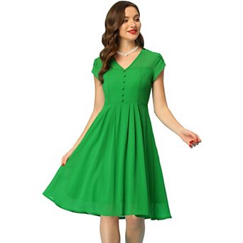 Women's Vintage Chiffon Dress for Women's V Neck Cap Sleeve Elegant A-Line Dresses